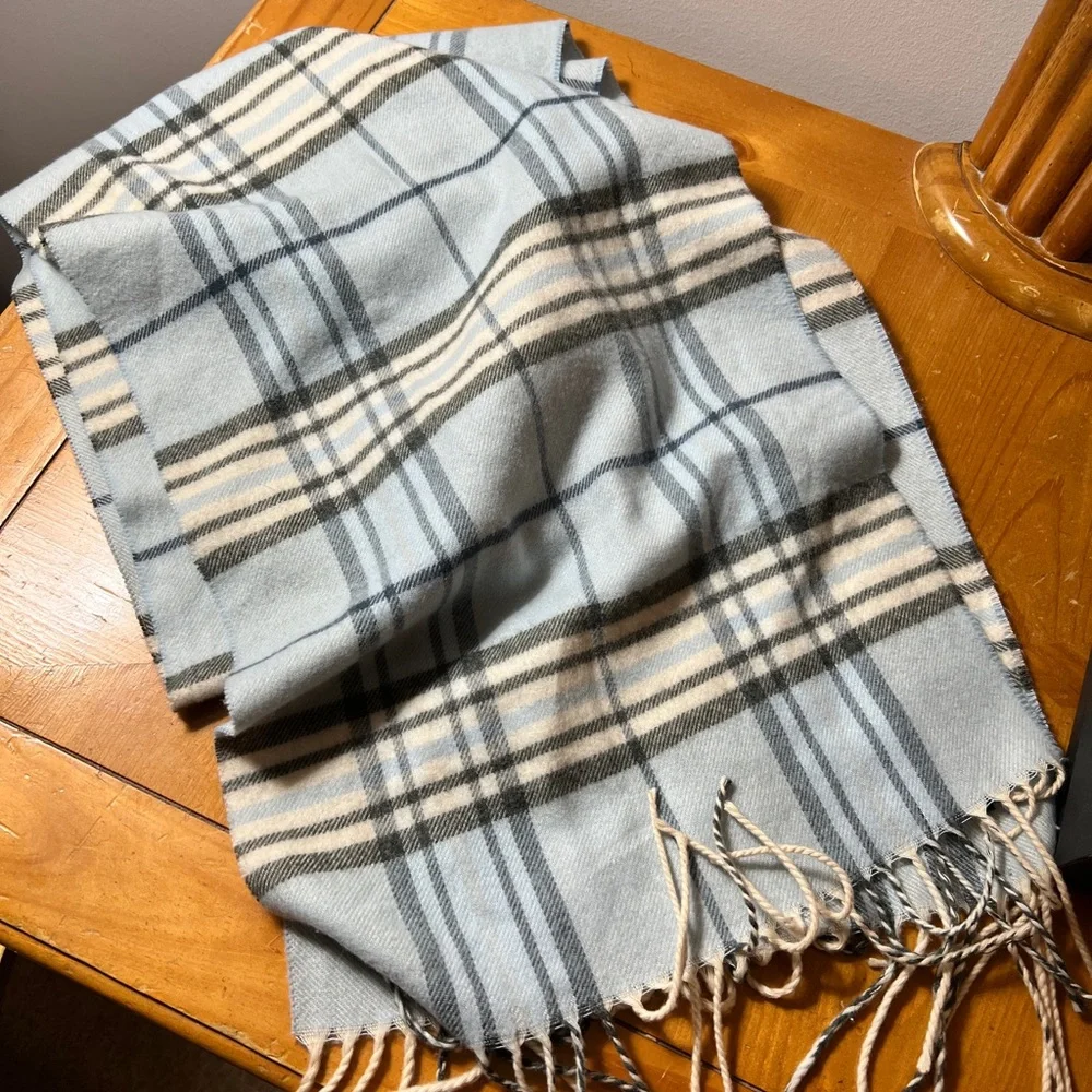 cashmink Light Blue Plaid Fringe Scarf by V. Fraas 70 inches long
